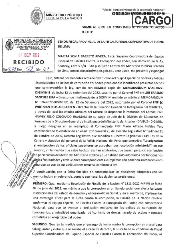 La fiscal Marita Barreto denunció a Whitman Ríos y Luis Sánchez por abuso de autoridad y usurpación de funciones al destituir a Colchado.