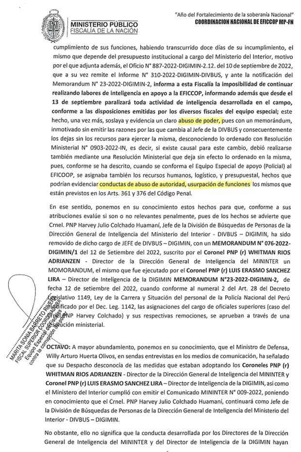 La fiscal Marita Barreto denunció a Whitman Ríos y Luis Sánchez por abuso de autoridad y usurpación de funciones al destituir a Colchado.