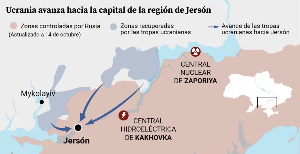 Mapa indicando los avances de Ucrania hacia la capital de la región de Jersón.