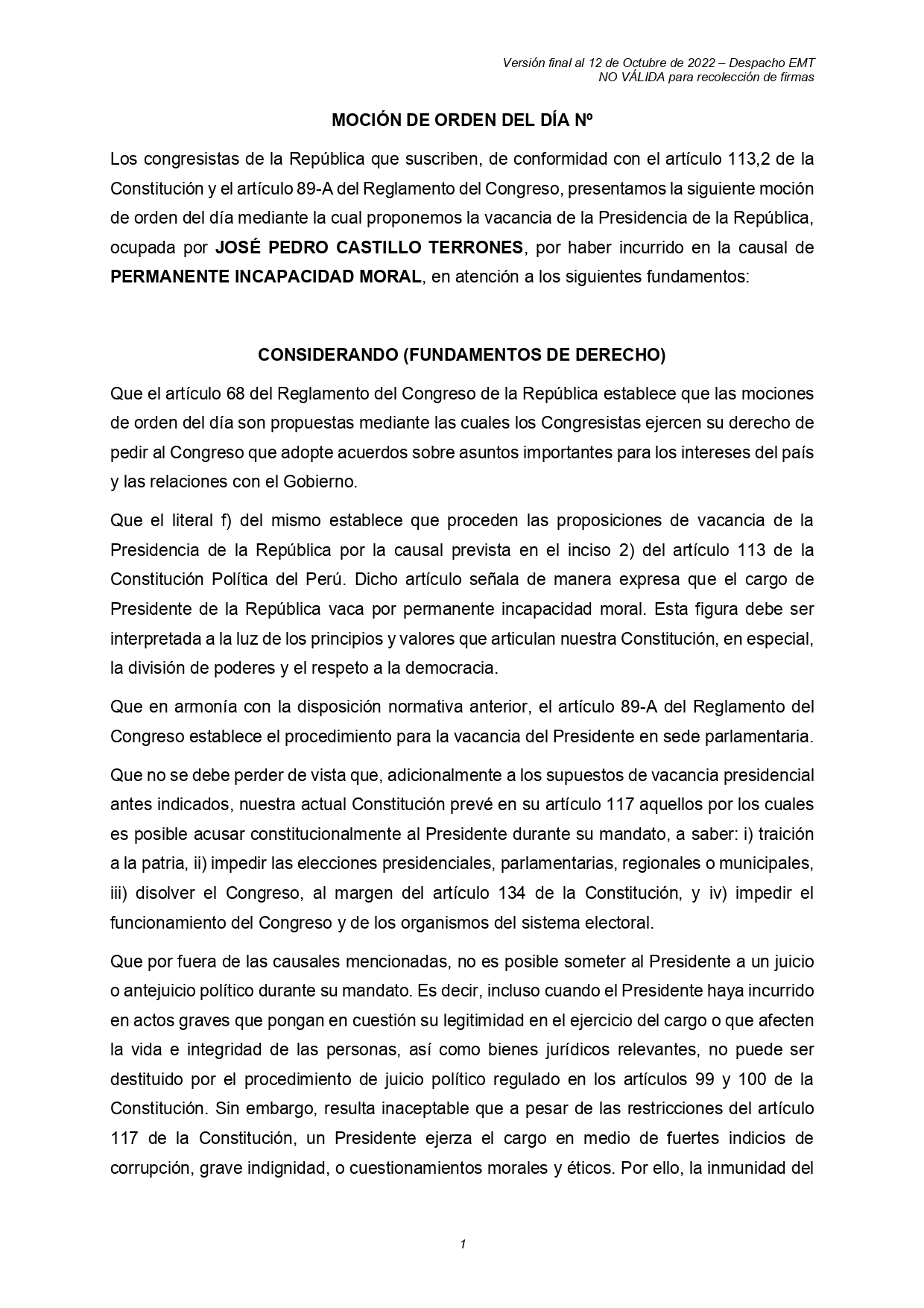 El legislador Edward Málaga recolectará firmas en el Congreso para vacar por incapacidad moral al presidente Castillo.