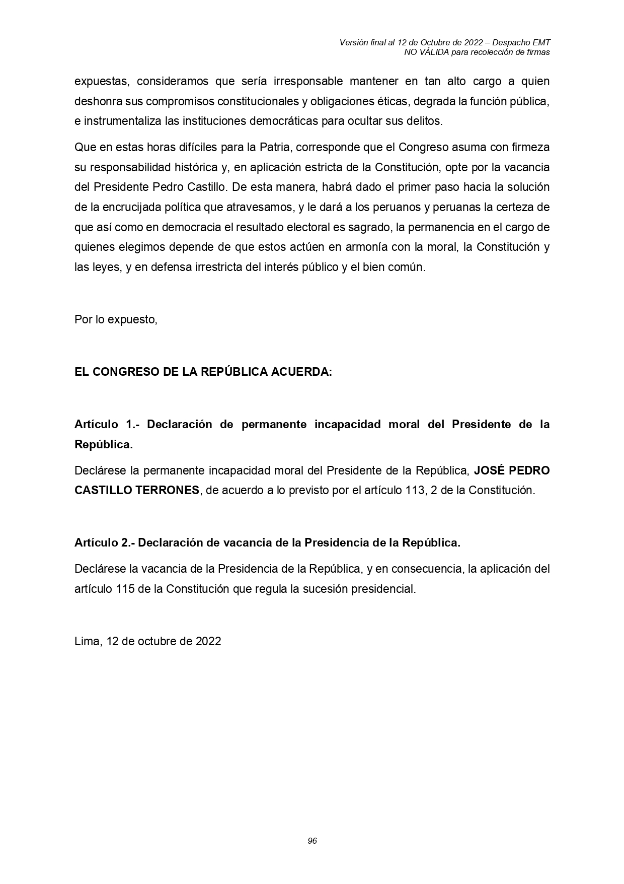 El legislador Edward Málaga recolectará firmas en el Congreso para vacar por incapacidad moral al presidente Castillo.