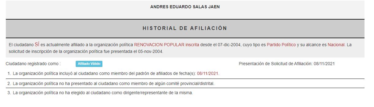 Desde el 8 de noviembre de 2021, según el Registro de Organizaciones Políticas, el ex almirante Andrés Salas milita en Renovación Popular.