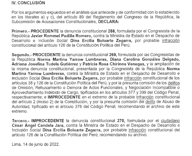 En junio se aprobó el informe de calificación sobre la denuncia constitucional en contra de la vicepresidenta Dina Boluarte. 