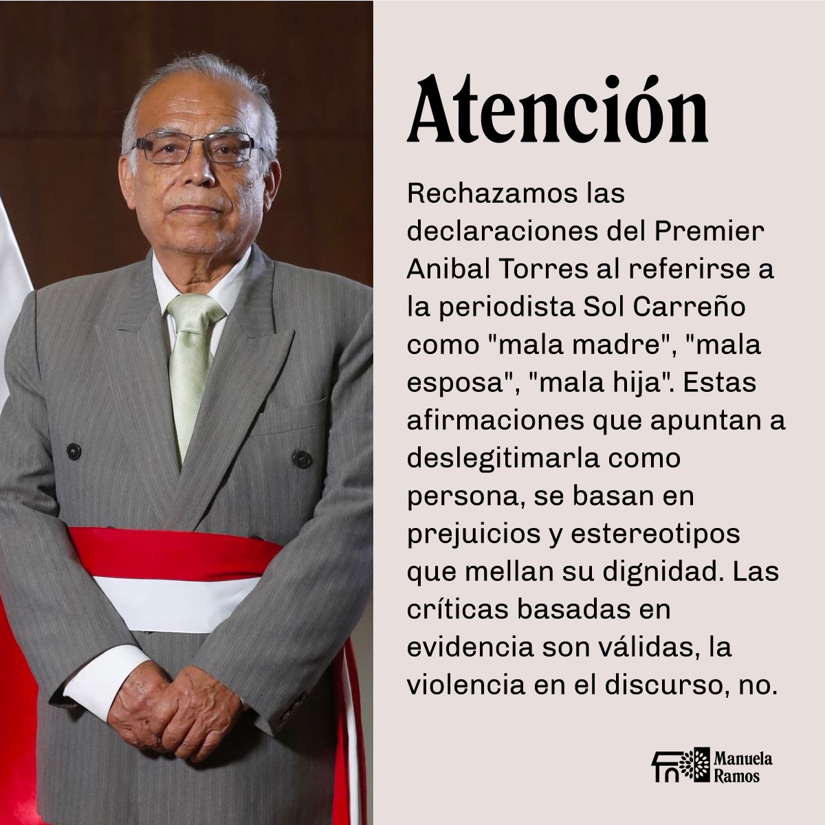 El Movimiento Manuela Ramos rechazó las declaraciones del premier Aníbal Torres. 