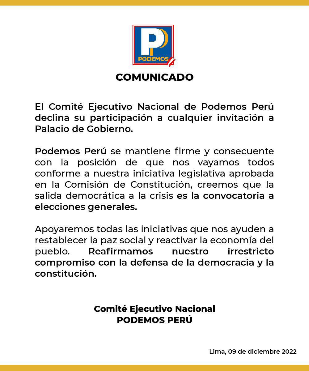 Tres días antes del mensaje presidencial de Dina Boluarte, la bancada de Podemos Perú rechazó entablar diálogo con la jefa de Estado. Incluso comentaron que estaban a favor de un adelanto de elecciones generales. Pues, según el mencionado partido, unos nuevos comicios sería la única vía para salir de la crisis política.